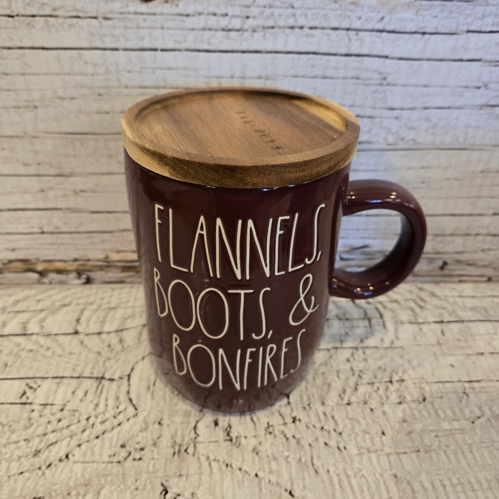Rae Dunn "Flannels, Boots, & Bonfires" Mug with wooden topper